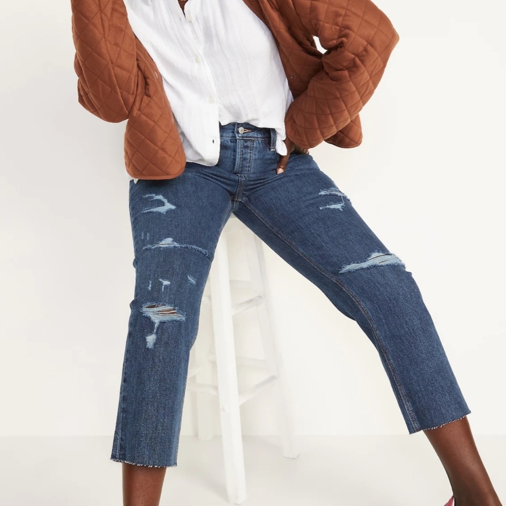 OLD NAVY High-Waisted Slouchy Straight Cropped Ripped Dark-Wash Jeans